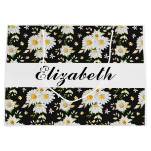 Elegant Monogram Black and White  Daisy Pattern Large Gift Bag