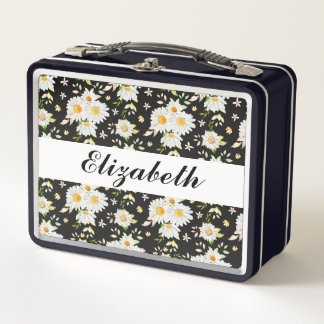 Elegant Monogram Black and White  Daisy Pattern   Metal Lunch Box