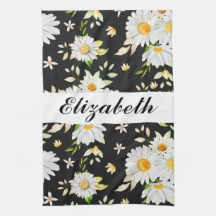 Elegant Monogram Black and White  Daisy Pattern  Tea Towel