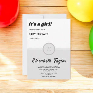 Elegant Monogram Black And White Grey Baby Shower Invitation