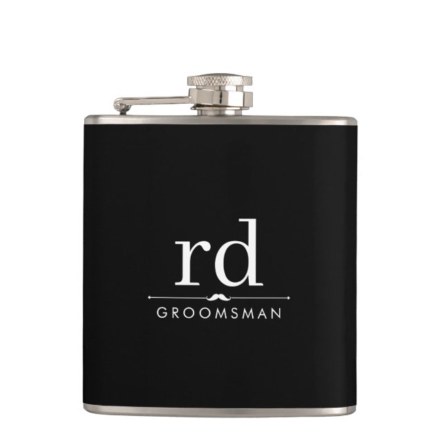 Elegant Monogram Black and White Groomsmen Gift Hip Flask (Front)