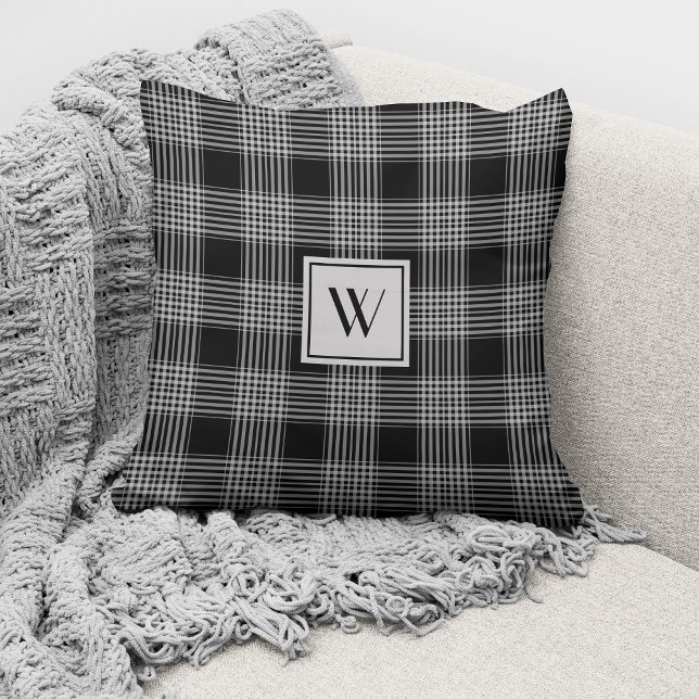 Elegant Monogram Black And White Plaid Cushion (Creator Uploaded)