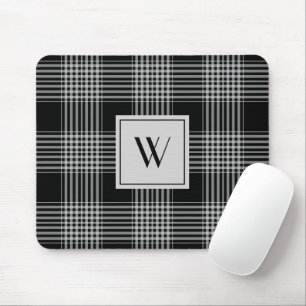 Elegant Monogram Black And White Plaid Pattern Mouse Pad