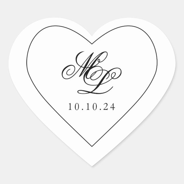 Elegant Monogram Black and White Script Heart Sticker (Front)