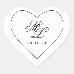 Elegant Monogram Black and White Script Heart Sticker
