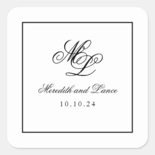 Elegant Monogram Black and White Script Square Sticker