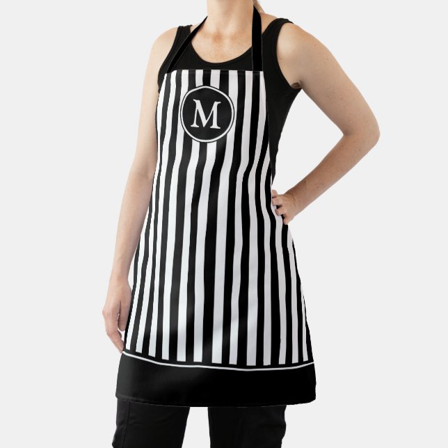 Elegant Monogram Black And White Striped Apron (Insitu)