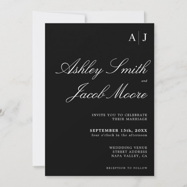 Elegant Monogram Black and White Wedding Invitation (Front)