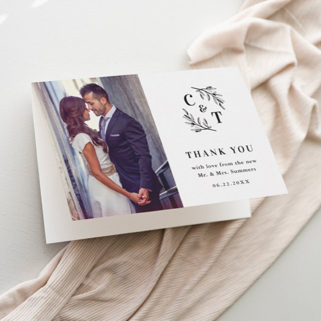 Elegant Monogram Black and White Wedding Photo Thank You Card (Elegant Monogram Greenery Leaves Wedding Photo Thank You Cards.)