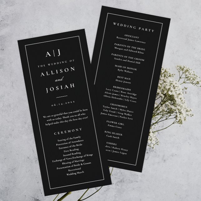 Elegant Monogram Black and White Wedding Program (Elegant monogram black and white simple typographic wedding program.)