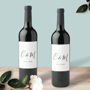 Elegant Monogram Black and White Wedding Wine Label