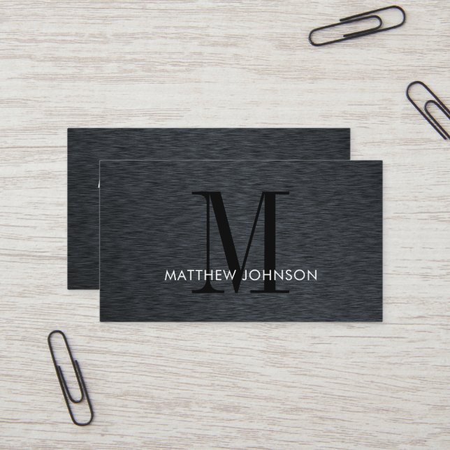 Elegant Monogram Black Brushed Metal Modern Office Business Card (Front/Back In Situ)