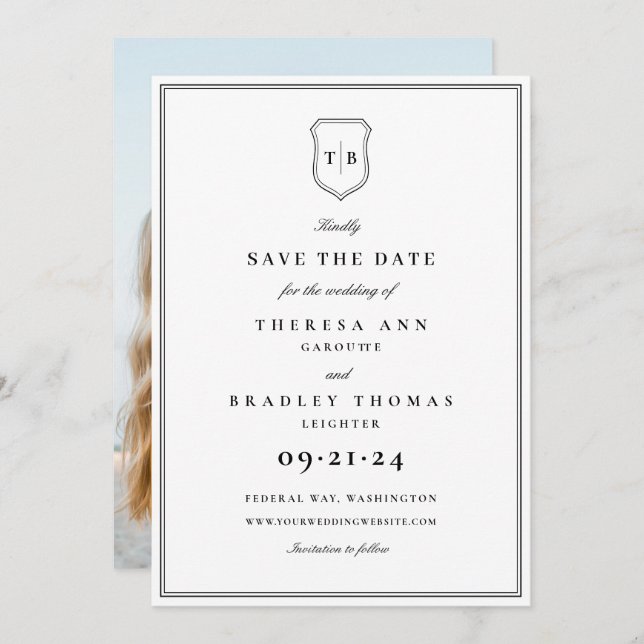 Elegant Monogram Black Crest Photo Save The Date (Front/Back)