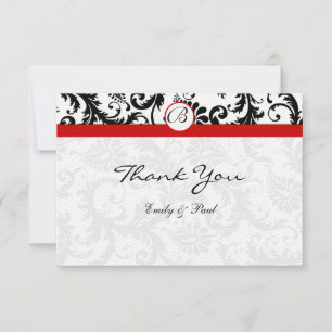 Elegant Monogram Black Damask Red Trim Wedding Card
