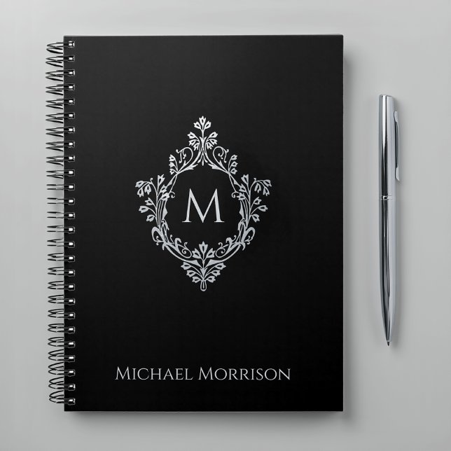 Elegant Monogram Black Faux Silver Vintage Crest Notebook (Creator Uploaded)