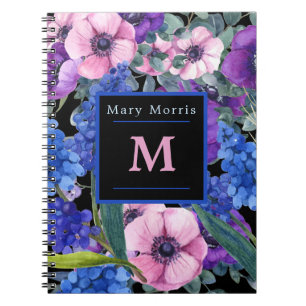 Elegant Monogram Black Floral in Blue Purple Pink  Notebook