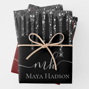 Elegant Monogram Black Glitter Drips Wrapping Paper Sheet