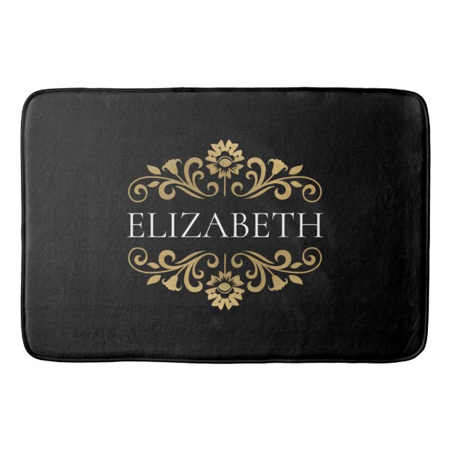 Elegant Monogram Black Gold Bath Mat (Front)