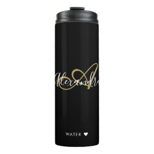 Elegant Monogram Black Gold Chic Script Name Thermal Tumbler
