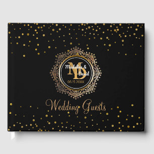 Elegant Monogram   Black Gold Confetti Wedding Guest Book