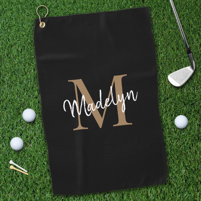 Elegant Monogram Black Gold Girly Script Name Golf Towel (Creator Uploaded)