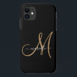Elegant Monogram Black Gold Name  iPhone 11 Case<br><div class="desc">Personalised iphone case featuring a gold script initial,  and white script name on black A trending modern minimalist typography style. Select your device model for this design.</div>