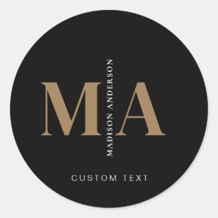 Elegant Monogram Black Gold Name Classic Round Sticker