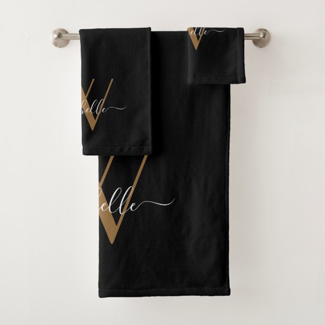 Elegant Monogram Black Gold Name Script Bath Towel Set (Insitu)
