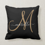 Elegant Monogram Black Gold Name  Throw Pillow<br><div class="desc">Personalised throw pillow featuring a gold script initial,  and white script name. A trending modern minimalist typography style. Click on "customise further to use our simple design tool to choose a different initial or name font.</div>