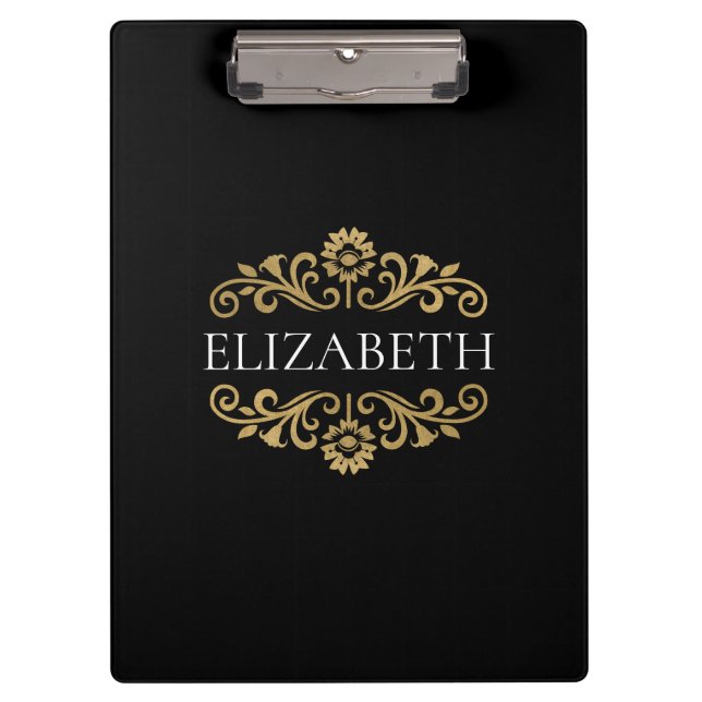 Elegant Monogram black Gold Office School Clipboard (Front)