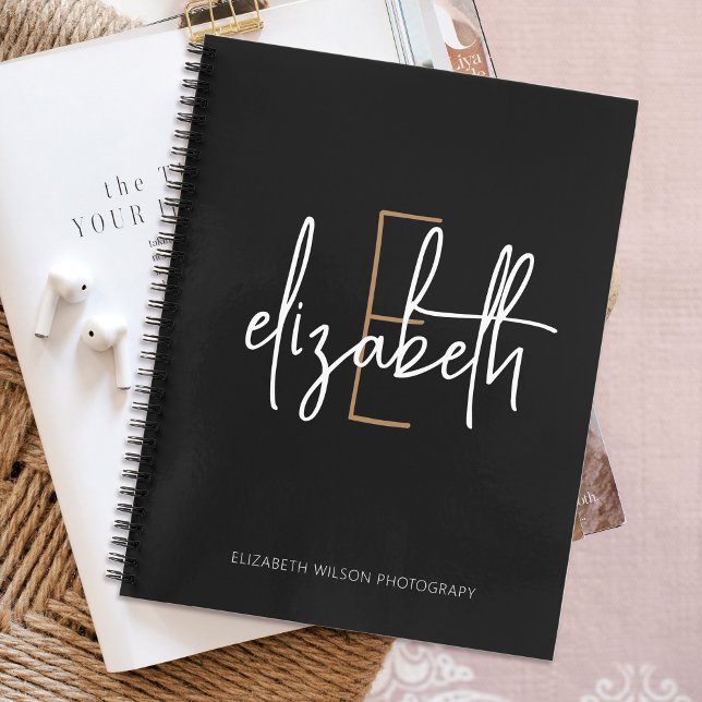 Elegant Monogram Black Gold Script Business School Notebook (Creator Uploaded)