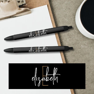 Elegant Monogram Black Gold Script Ink Pen