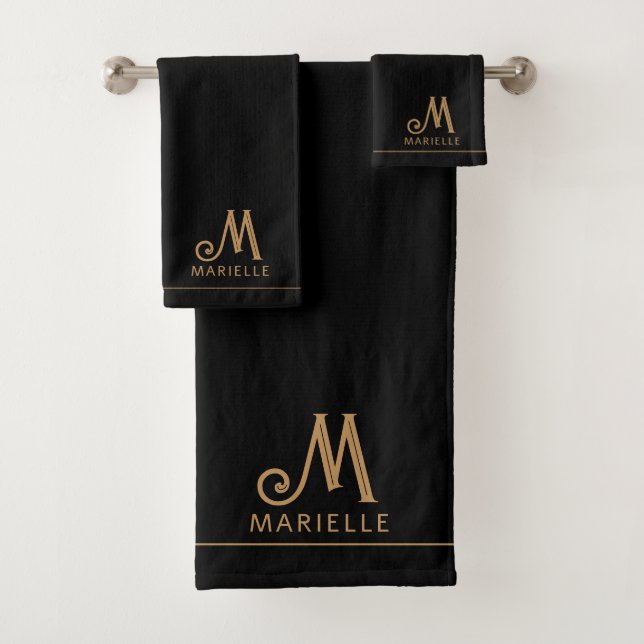 Elegant Monogram Black Gold Script Name  Bath Towel Set (Insitu)