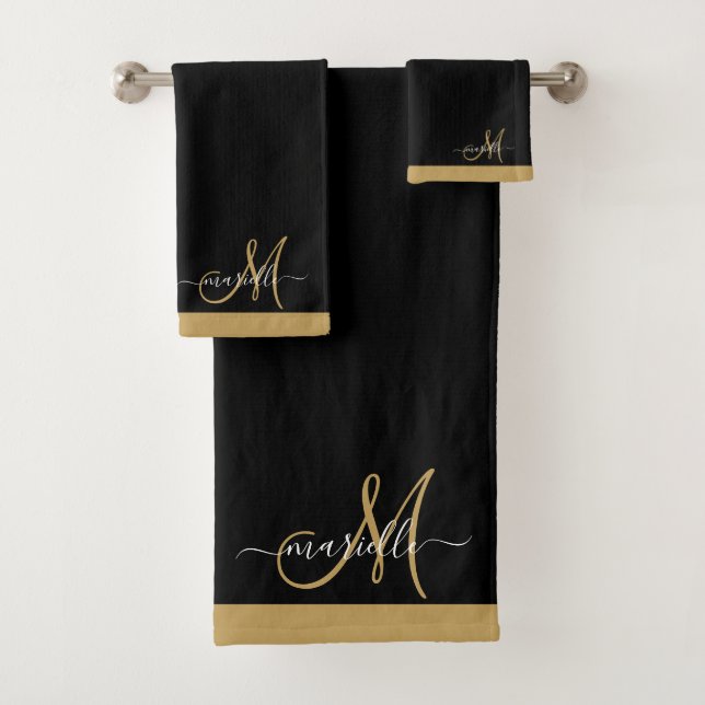 Elegant Monogram Black Gold Script Name  Bath Towel Set (Insitu)