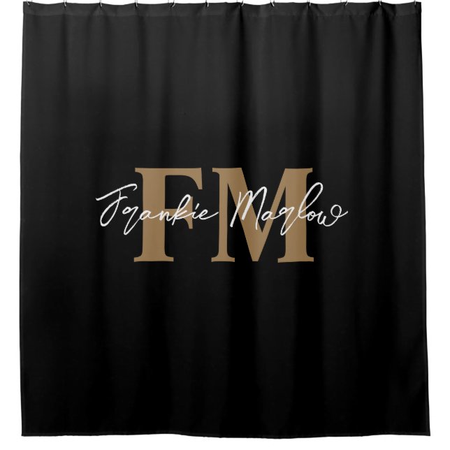 Elegant Monogram Black Gold Script Name Chic Shower Curtain (Front)