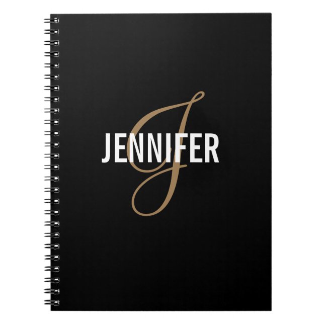 Elegant Monogram Black Gold Script name Notebook (Front)