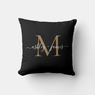 Elegant Monogram Black Gold Script Names Wedding Cushion