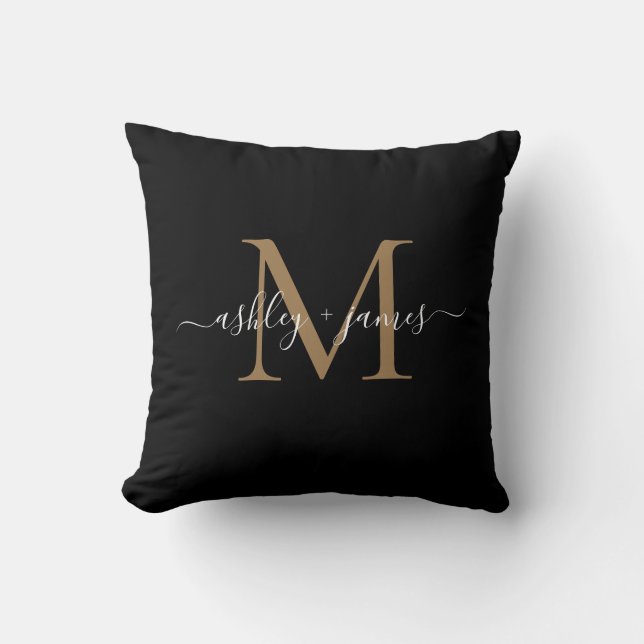 Elegant Monogram Black Gold Script Names Wedding Cushion (Front)