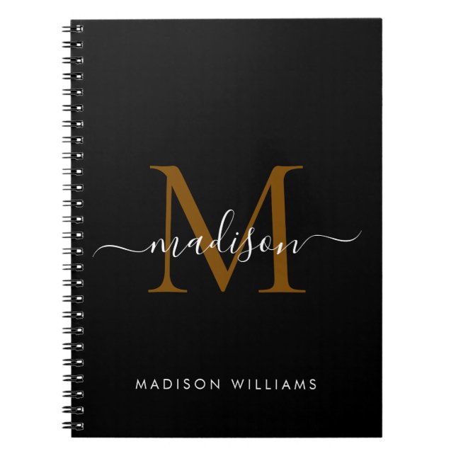 Elegant Monogram Black Gold Script Office School Notebook (Front)
