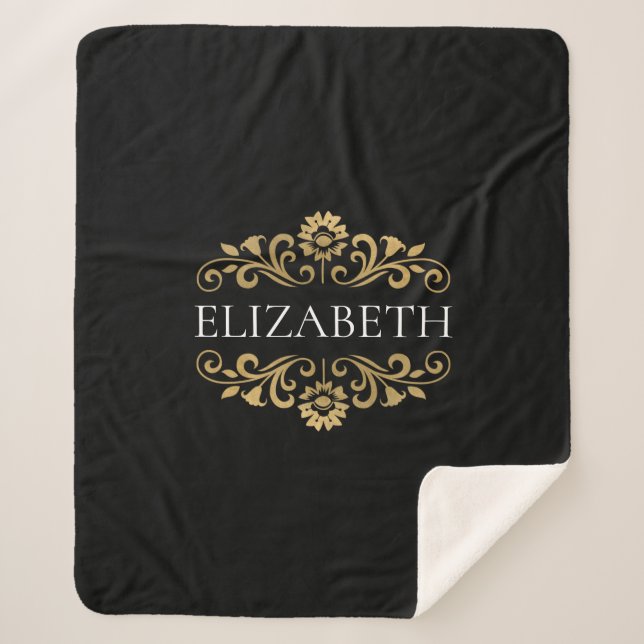 Elegant Monogram Black Gold Sherpa Blanket (Front)