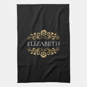 Elegant Monogram Black Gold Tea Towel