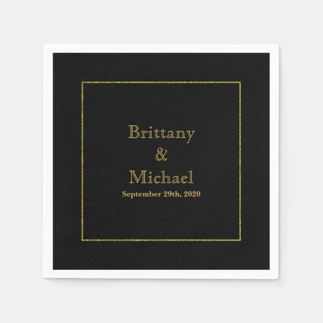 Elegant Monogram Black Gold Wedding Napkins (Front)