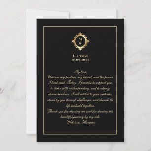 Elegant Monogram Black Gold Wedding Vow Card