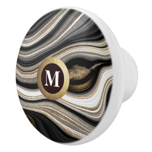 Elegant Monogram Black Gold White Agate Ceramic Knob