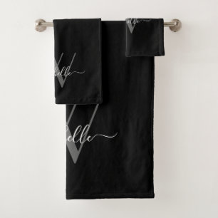 Elegant Monogram Black Gray Name Script Bath Towel Set