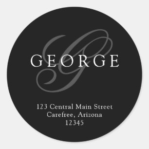 Elegant Monogram Black Grey Address Classic Round Sticker