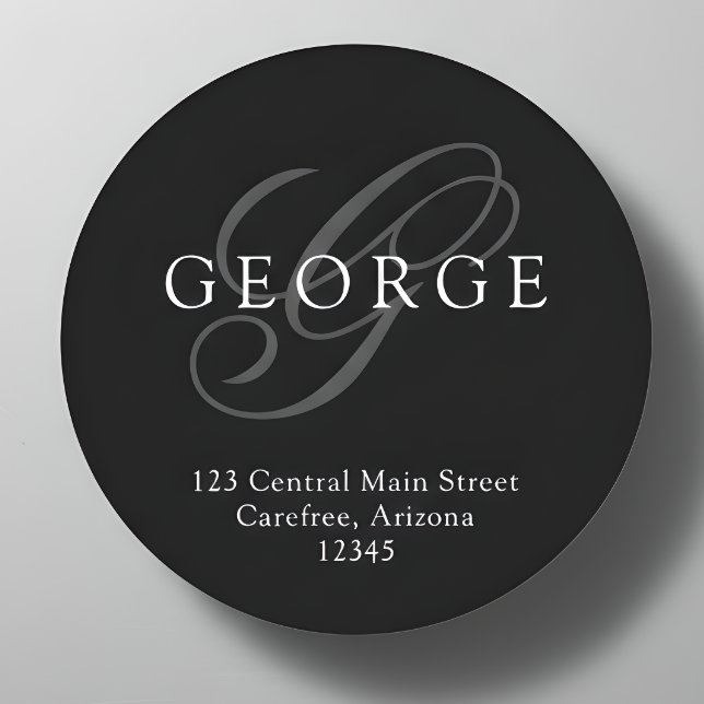 Elegant Monogram Black Grey Address Classic Round Sticker (Creator Uploaded)