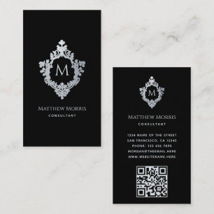 Elegant Monogram Black Grey Vintage Crest QR Code Business Card