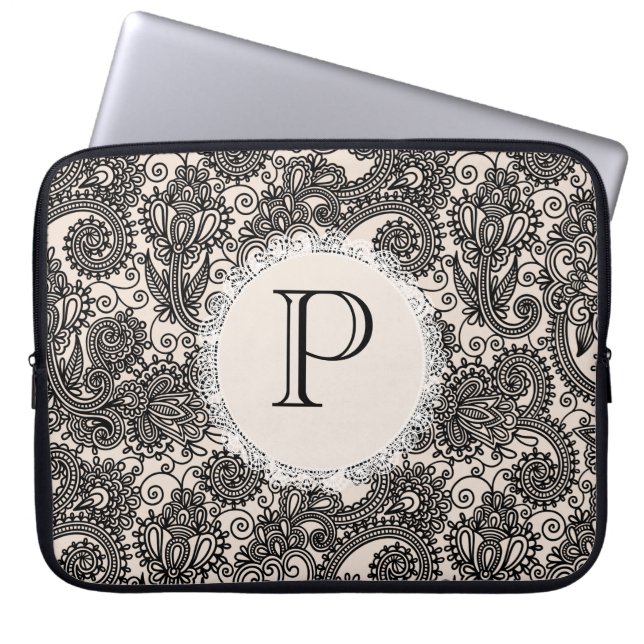 Elegant Monogram Black Lace Designer Laptop Bag (Front)