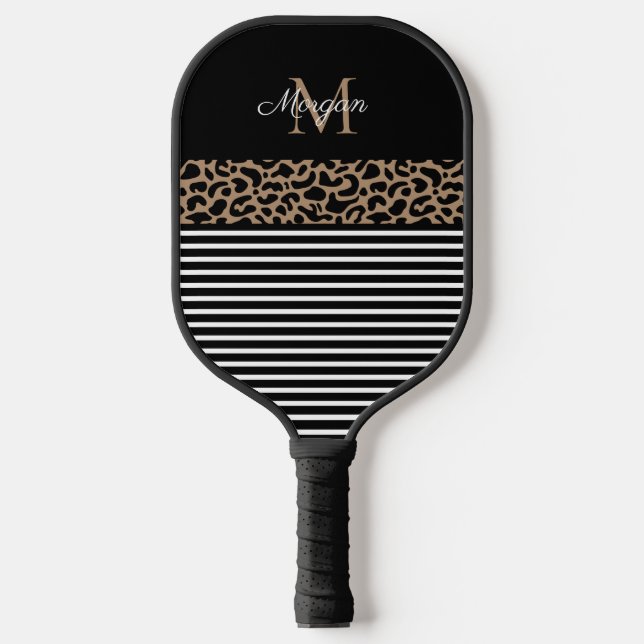 Elegant Monogram Black Leopard Animal Print Pickleball Paddle (Front)